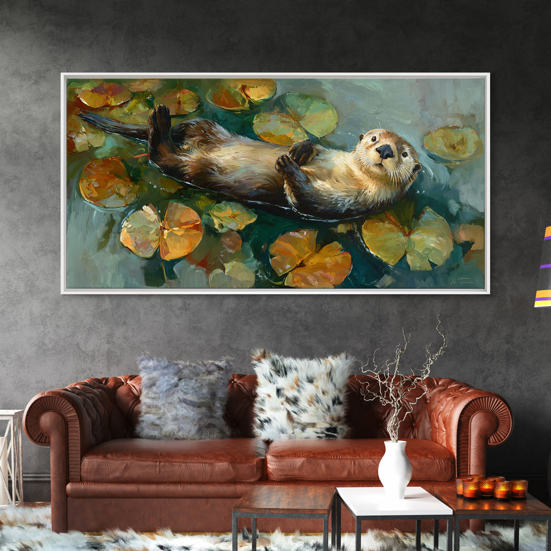 Playful Otter Floating Among Lily Pads Framed Canvas Print, Animal Art, Minimalist Decor, Living Room Decor, Fine Art, Creature, ANI-2x1-28