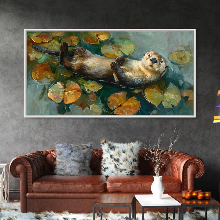 Playful Otter Floating Among Lily Pads Framed Canvas Print, Animal Art, Minimalist Decor, Living Room Decor, Fine Art, Creature, ANI-2x1-28