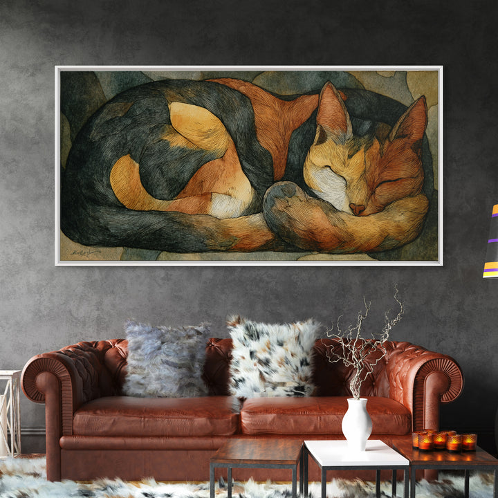 Sleeping Cat Curled Canvas Print, Animal Art, Contemporary Art, Living Room Decor, Oil Painting, Creature, Digital Wall Art, ANI-2x1-32