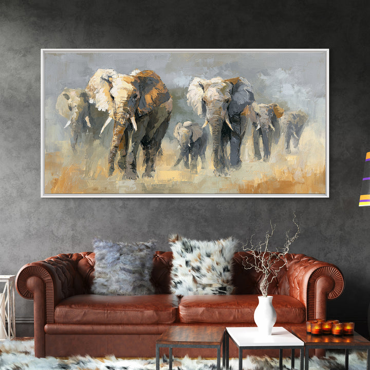 Elephant Family Walking Through Dusty Golden Light Framed Canvas Print, Animal Art, Art Print, Living Room Decor, Creature, ANI-2x1-34