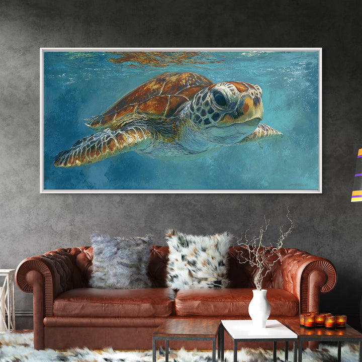 Sea Turtle Drifting Through Luminous Blue Water Canvas Print, Animal Art, Fine Art Print, Living Room Decor, Creature, ANI-2x1-38