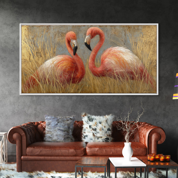 Flamingo Pair in Elegant Coral and Cream Canvas Print, Animal Art, Decor, Living Room Decor, Oil Painting, Creature, ANI-2x1-39