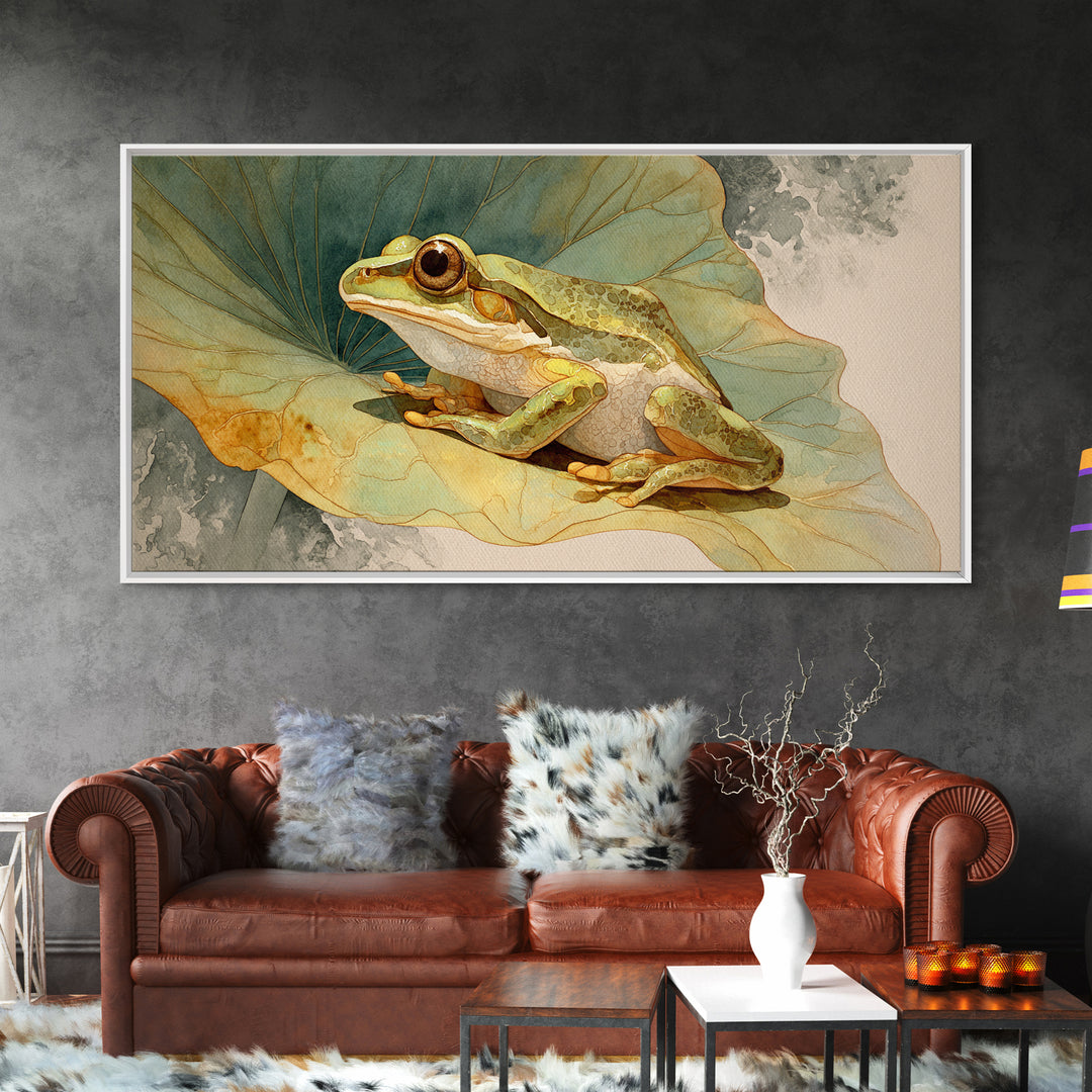 Frog on a Lotus Leaf Framed Canvas Print, Animal Art, Home Decor, Living Room Decor, Fine Art, Creature, Art Deco, Original Art, ANI-2x1-40