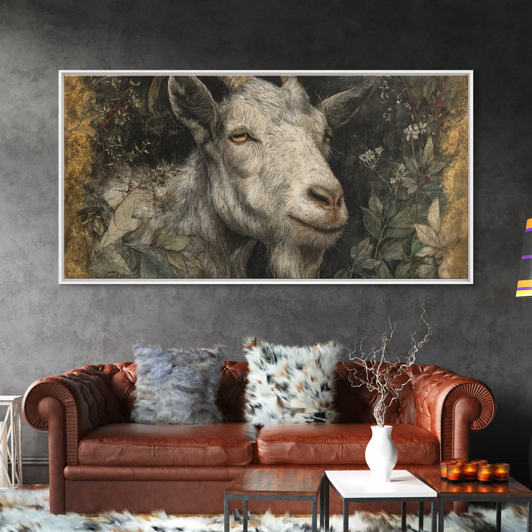 Goat Portrait with Rustic Folk Art Personality Canvas Print, Animal Art, Contemporary Art, Living Room Decor, Creature, ANI-2x1-41