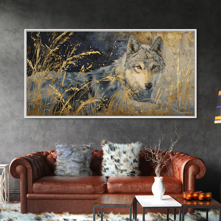Wolf Silhouette Beneath a Star Filled Sky Framed Canvas Print, Animal Art, Statement Artwork, Living Room Decor, Creature, ANI-2x1-42