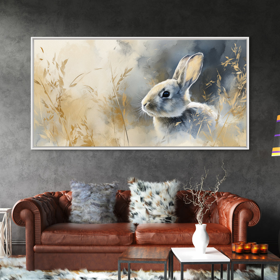 Curious Rabbit in a Soft Watercolor Meadow Canvas Print, Animal Art, Digital Art, Living Room Decor, Fine Art, Creature, ANI-2x1-49