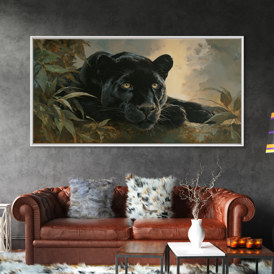 Dramatic Black Panther Emerging from Deep Jungle Canvas Print, Animal Art, Minimalist Decor, Living Room Decor, Creature, ANI-2x1-50