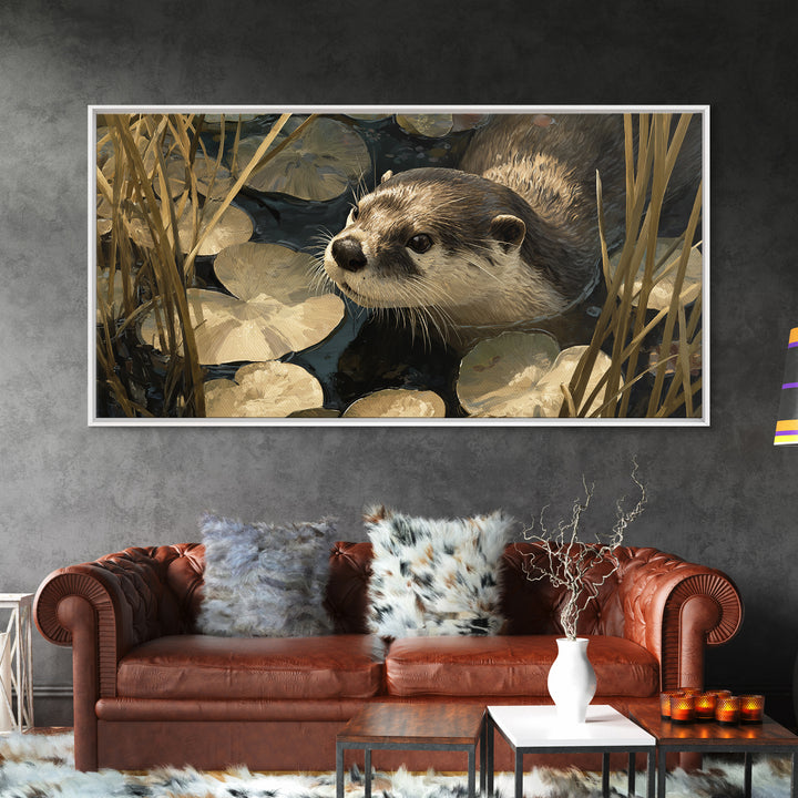 Playful Otter Floating Among Lily Pads Canvas Print, Animal Art, Decor, Living Room Decor, Fine Art, Creature, Digital Print, ANI-2x1-52