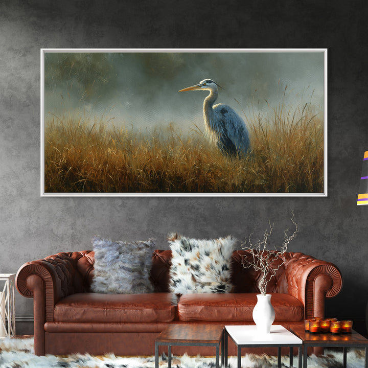 Blue Heron Standing Framed Canvas Print, Animal Art, Art Deco, Living Room Decor, Creature, Cat Art, Safari Nursery Decor, ANI-2x1-55