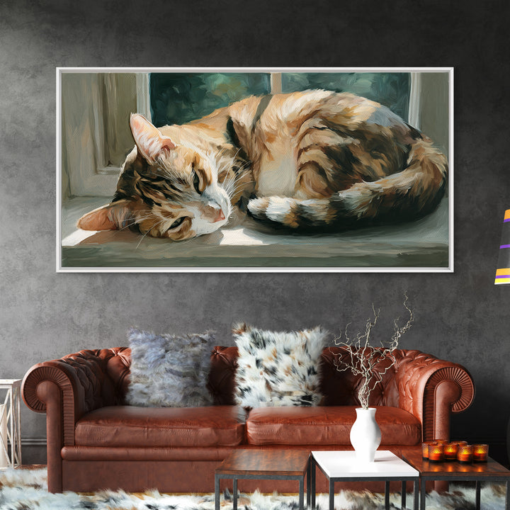 Sleeping Cat Curled Framed Canvas Print, Animal Art, Digital Prints, Living Room Decor, Fine Art, Creature, Printable Art, ANI-2x1-56