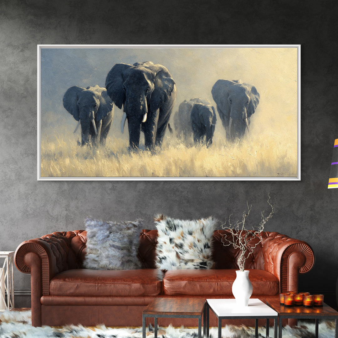 Elephant Family Walking Through Dusty Golden Light Canvas Print, Animal Art, Wall Art, Living Room Decor, Fine Art, Creature, ANI-2x1-58