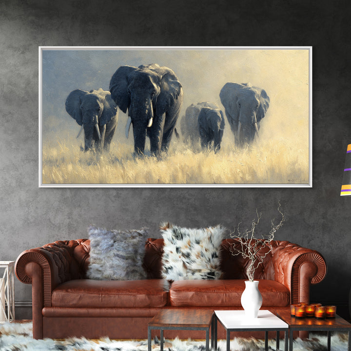 Elephant Family Walking Through Dusty Golden Light Canvas Print, Animal Art, Wall Art, Living Room Decor, Fine Art, Creature, ANI-2x1-58