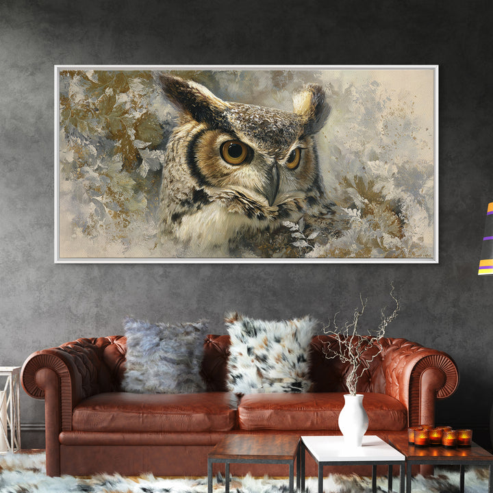 Owl with Moonlit Feathers and Celestial Accents Framed Canvas Print, Animal Art, Nursery, Living Room Decor, Watercolor Art, ANI-2x1-59