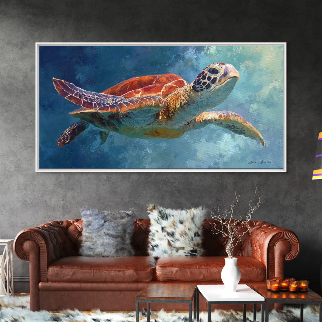 Sea Turtle Drifting Through Luminous Blue Water Canvas Print, Animal Art, Room Decor, Living Room Decor, Oil Painting, Creature, ANI-2x1-62