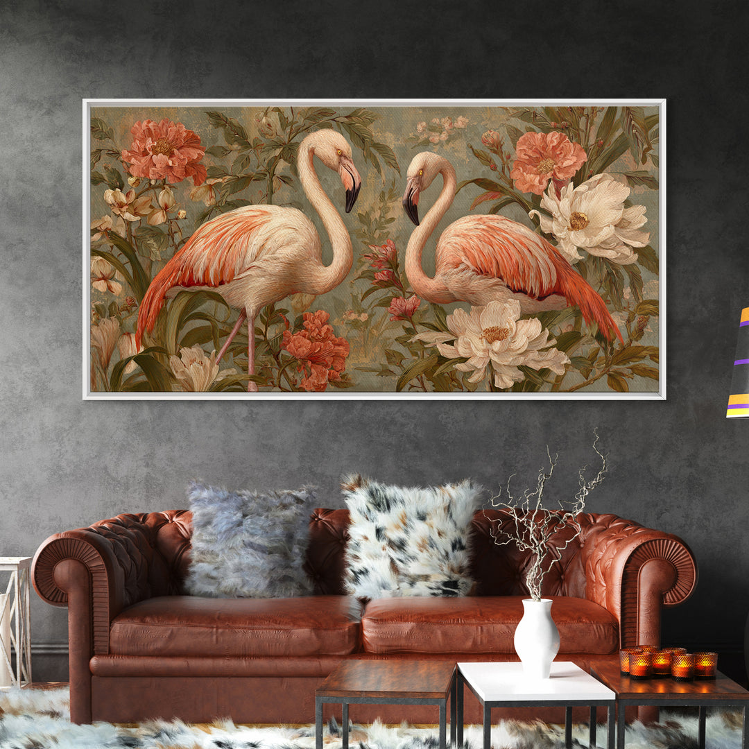 Flamingo Pair in Elegant Coral and Cream Canvas Print, Animal Art, Nursery Wall Art, Living Room Decor, Fine Art, Creature, ANI-2x1-63
