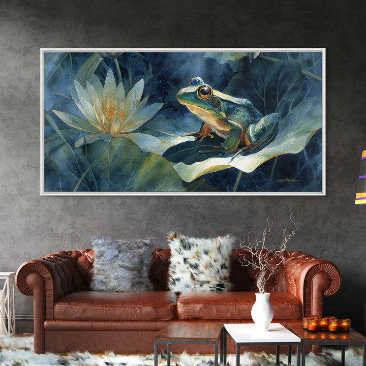 Frog on a Lotus Leaf Canvas Print, Animal Art, Digital Art, Living Room Decor, Oil Painting, Creature, Farmhouse Decor, ANI-2x1-64
