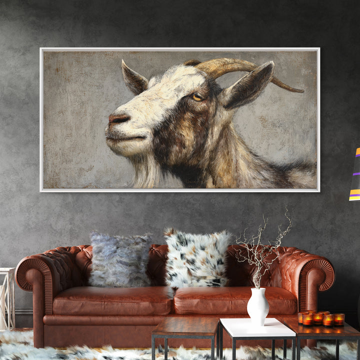 Goat Portrait with Rustic Folk Art Personality Framed Canvas Print, Animal Art, Digital Prints, Living Room Decor, Creature, ANI-2x1-65