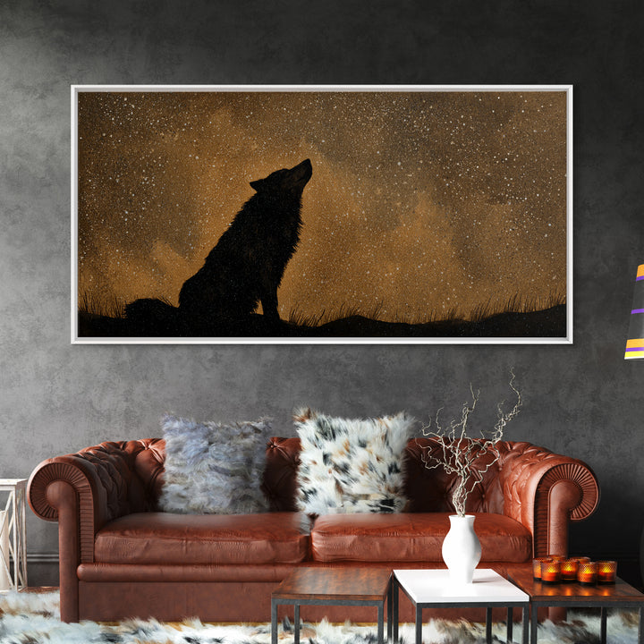 Wolf Silhouette Beneath a Star Filled Sky Canvas Print, Animal Art, Living Room Decor, Watercolor Art, Creature, ANI-2x1-66