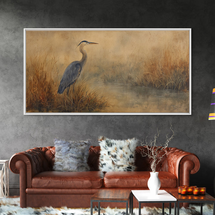 Blue Heron Standing Framed Canvas Print, Animal Art, Art, Living Room Decor, Fine Art, Creature, Original Art, Nursery Wall Art, ANI-2x1-7