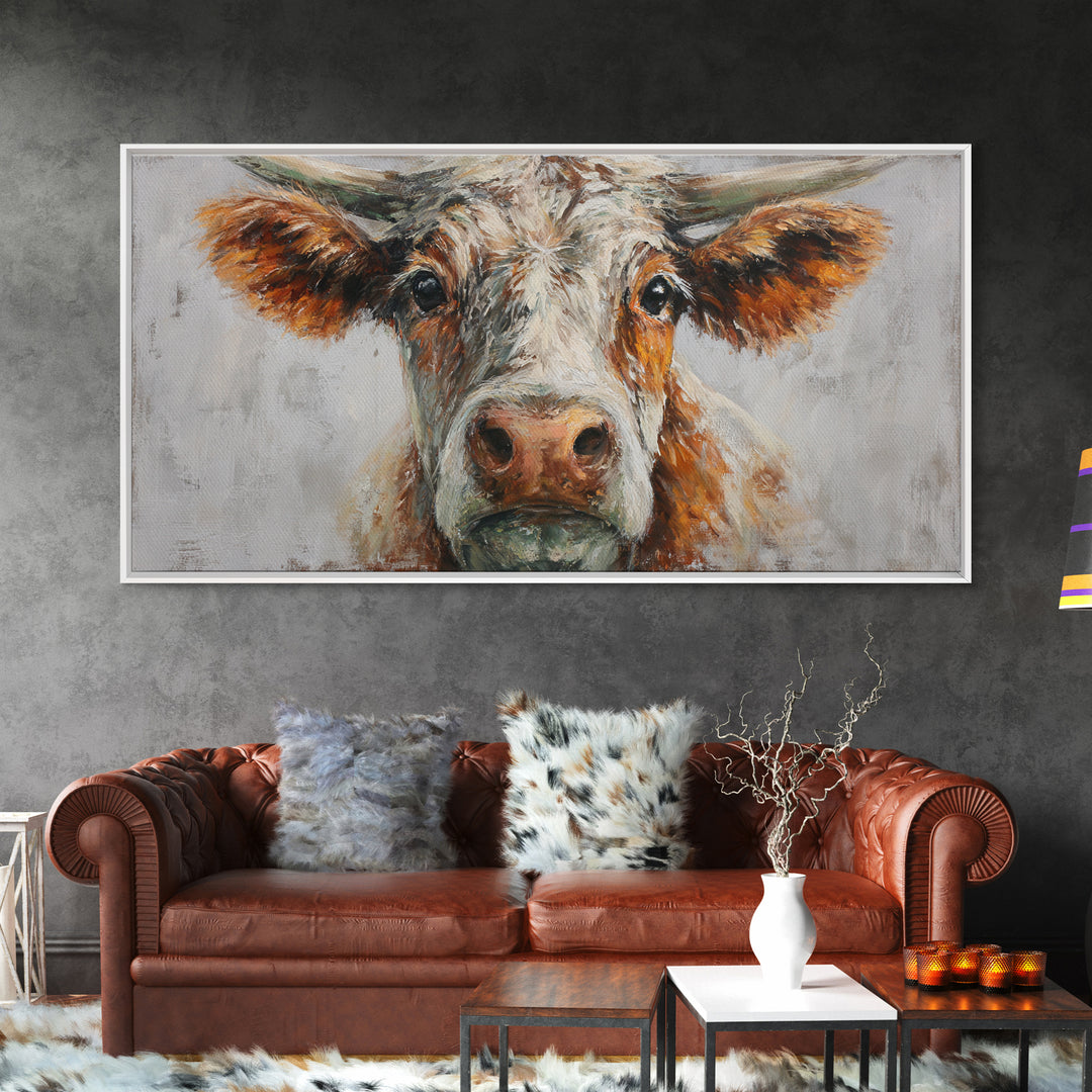 Gentle Cow Portrait Framed Canvas Print, Animal Art, Boho Decor, Living Room Decor, Oil Painting, Creature, Digital Prints, ANI-2x1-75