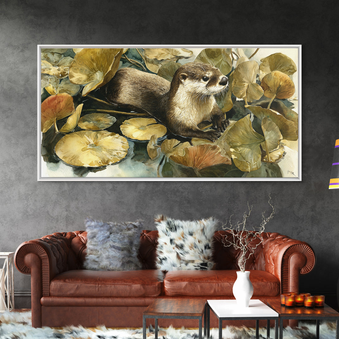 Playful Otter Floating Among Lily Pads Canvas Print, Animal Art, Nursery Wall Art, Living Room Decor, Fine Art, Creature, ANI-2x1-76