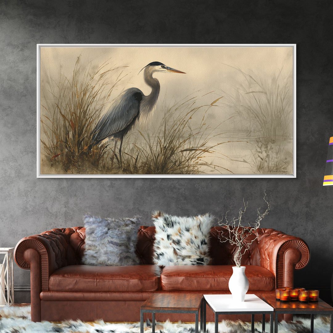Blue Heron Standing Framed Canvas Print, Animal Art, Nursery Art, Living Room Decor, Fine Art, Creature, Luxury Decor, ANI-2x1-79