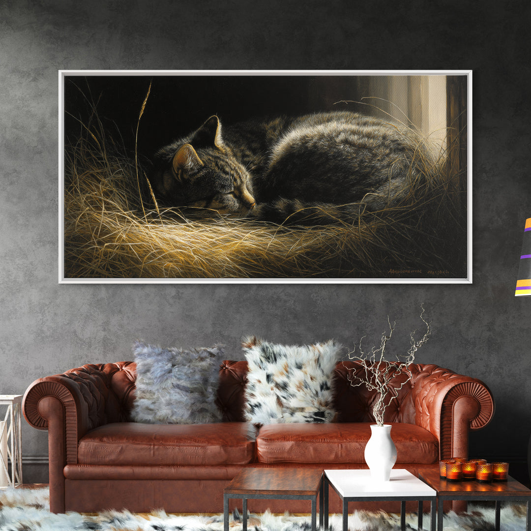 Sleeping Cat Curled Framed Canvas Print, Animal Art, Digital Print, Living Room Decor, Fine Art, Creature, Colorful Wall Art, ANI-2x1-80