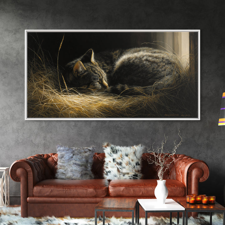 Sleeping Cat Curled Framed Canvas Print, Animal Art, Digital Print, Living Room Decor, Fine Art, Creature, Colorful Wall Art, ANI-2x1-80