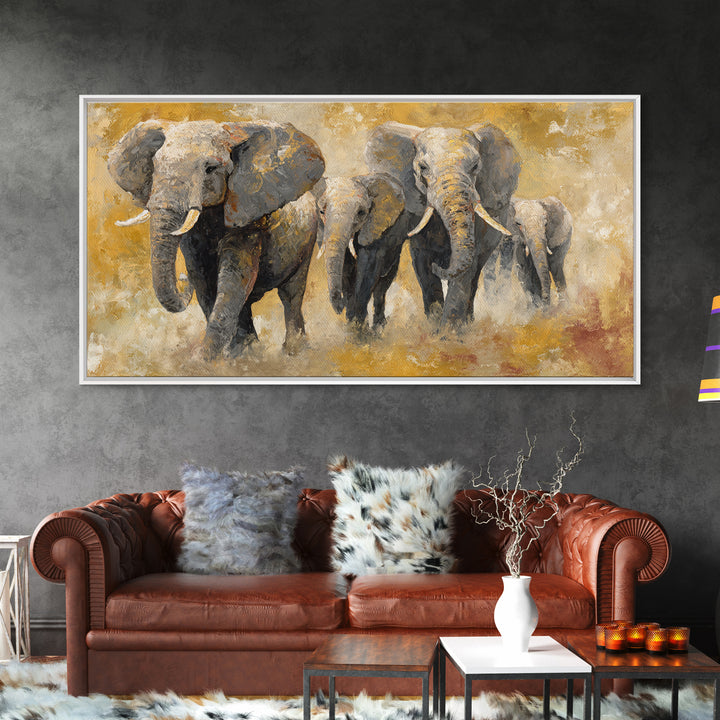 Elephant Family Walking Through Dusty Golden Light Canvas Print, Animal Art, Wall Art, Living Room Decor, Fine Art, Creature, ANI-2x1-82