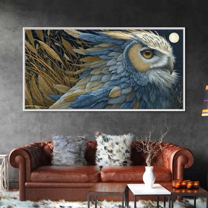 Owl with Moonlit Feathers and Celestial Accents Framed Canvas Print, Animal Art, Contemporary Art, Living Room Decor, Creature, ANI-2x1-83