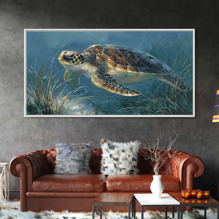 Sea Turtle Drifting Through Luminous Blue Water Framed Canvas Print, Animal Art, Home Decor, Living Room Decor, Creature, ANI-2x1-86