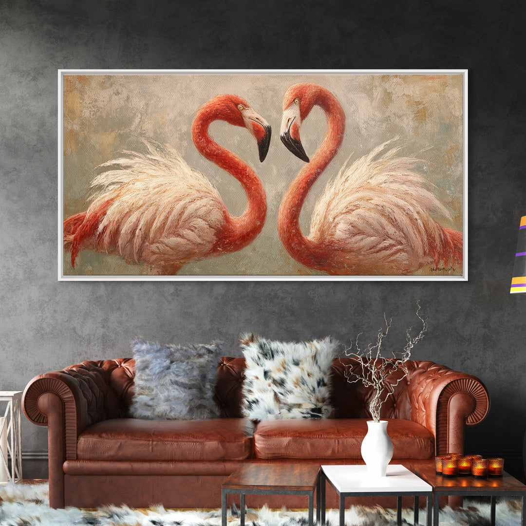 Flamingo Pair in Elegant Coral and Cream Framed Canvas Print, Animal Art, Living Room Decor, Fine Art, Creature, Fine Art Print, ANI-2x1-87