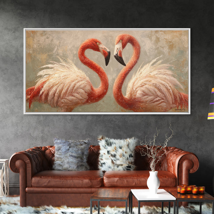 Flamingo Pair in Elegant Coral and Cream Framed Canvas Print, Animal Art, Living Room Decor, Fine Art, Creature, Fine Art Print, ANI-2x1-87