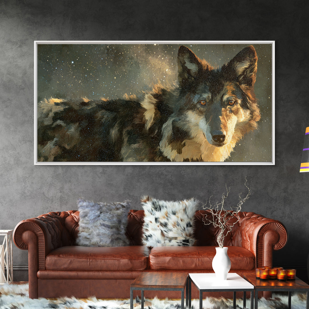 Wolf Silhouette Beneath a Star Filled Sky Framed Canvas Print, Animal Art, Art, Living Room Decor, Oil Painting, Creature, ANI-2x1-90