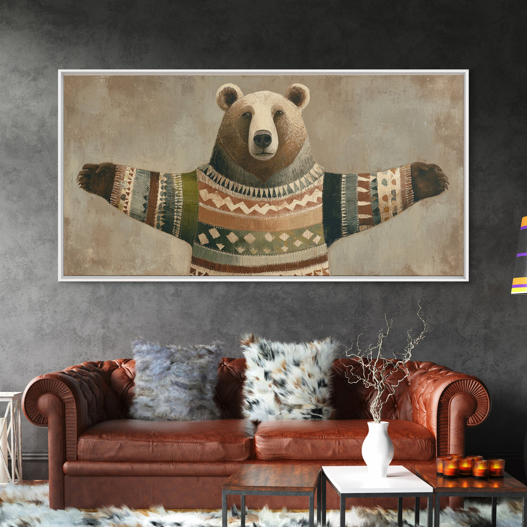 Whimsical Bear in a Patterned Sweater with Canvas Print, Animal Art, Wall Decor, Living Room Decor, Fine Art, Creature, ANI-2x1-94