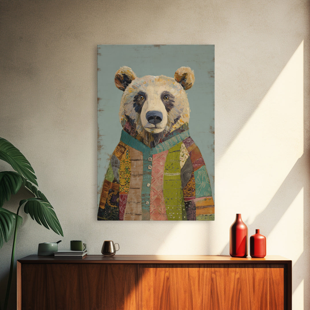 Whimsical Bear in a Patterned Sweater with Canvas Print, Animal Art, Luxury Decor, Living Room Decor, Fine Art, Creature, ANI-2x3-10