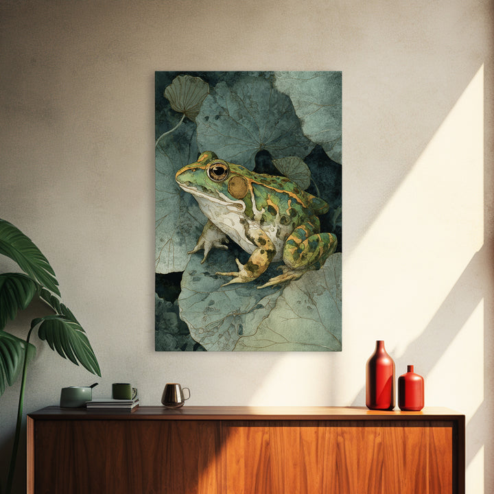 Frog on a Lotus Leaf Framed Canvas Print, Animal Art, Art Print, Living Room Decor, Watercolor Art, Creature, Digital Art, ANI-2x3-100