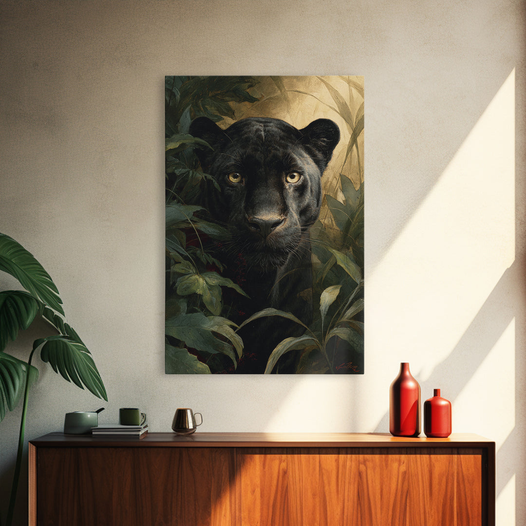 Dramatic Black Panther Emerging from Deep Jungle Canvas Print, Animal Art, Art Print, Living Room Decor, Oil Painting, Creature, ANI-2x3-14