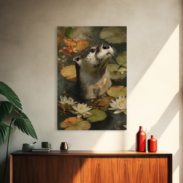 Playful Otter Floating Among Lily Pads Canvas Print, Animal Art, Boho Wall Art, Living Room Decor, Fine Art, Creature, ANI-2x3-16