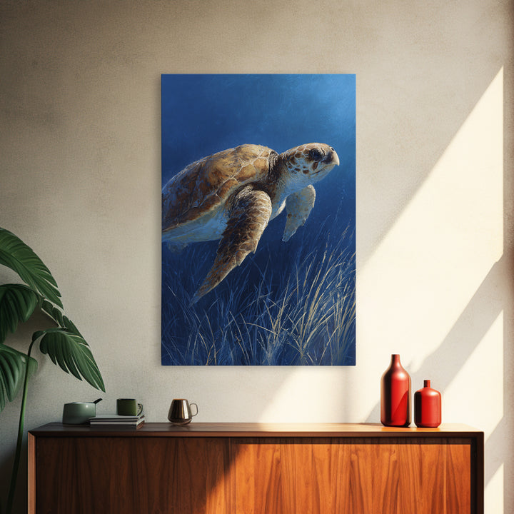 Sea Turtle Drifting Through Luminous Blue Water Framed Canvas Print, Animal Art, Boho Decor, Living Room Decor, Abstract Art, ANI-2x3-2