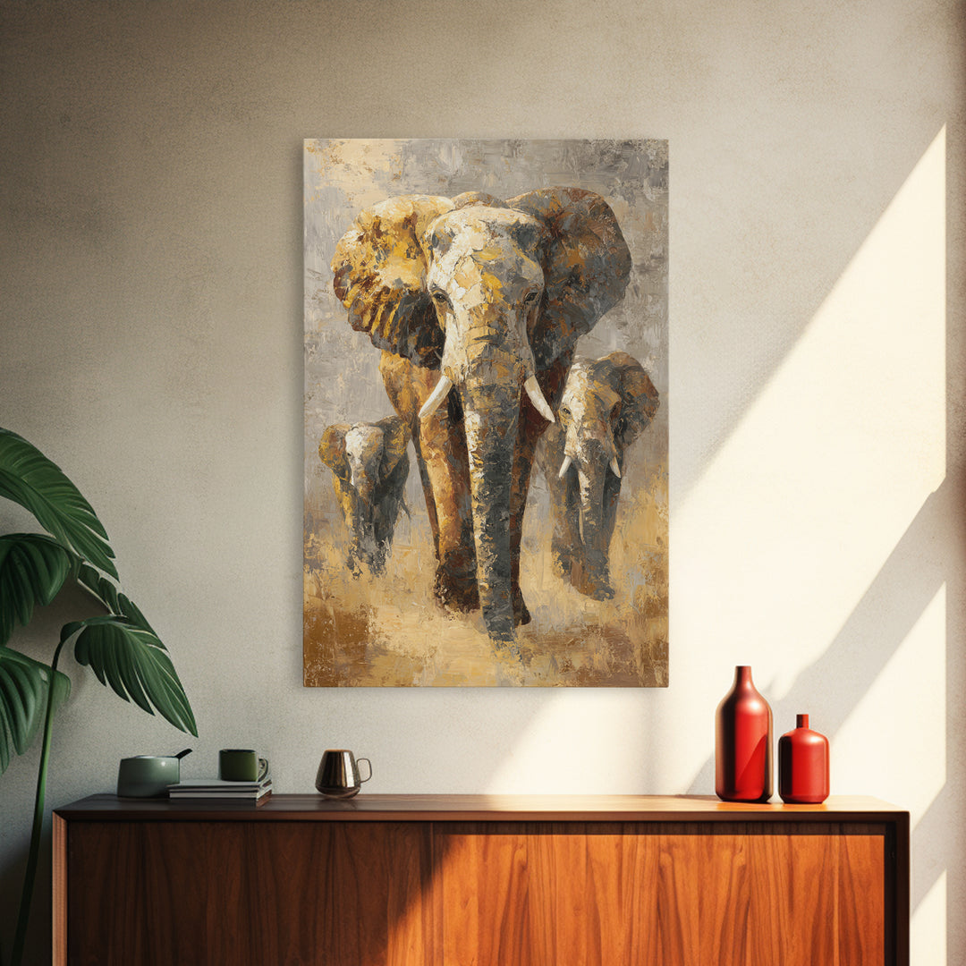 Elephant Family Walking Through Dusty Golden Light Canvas Print, Animal Art, Textured Painting, Living Room Decor, Creature, ANI-2x3-22