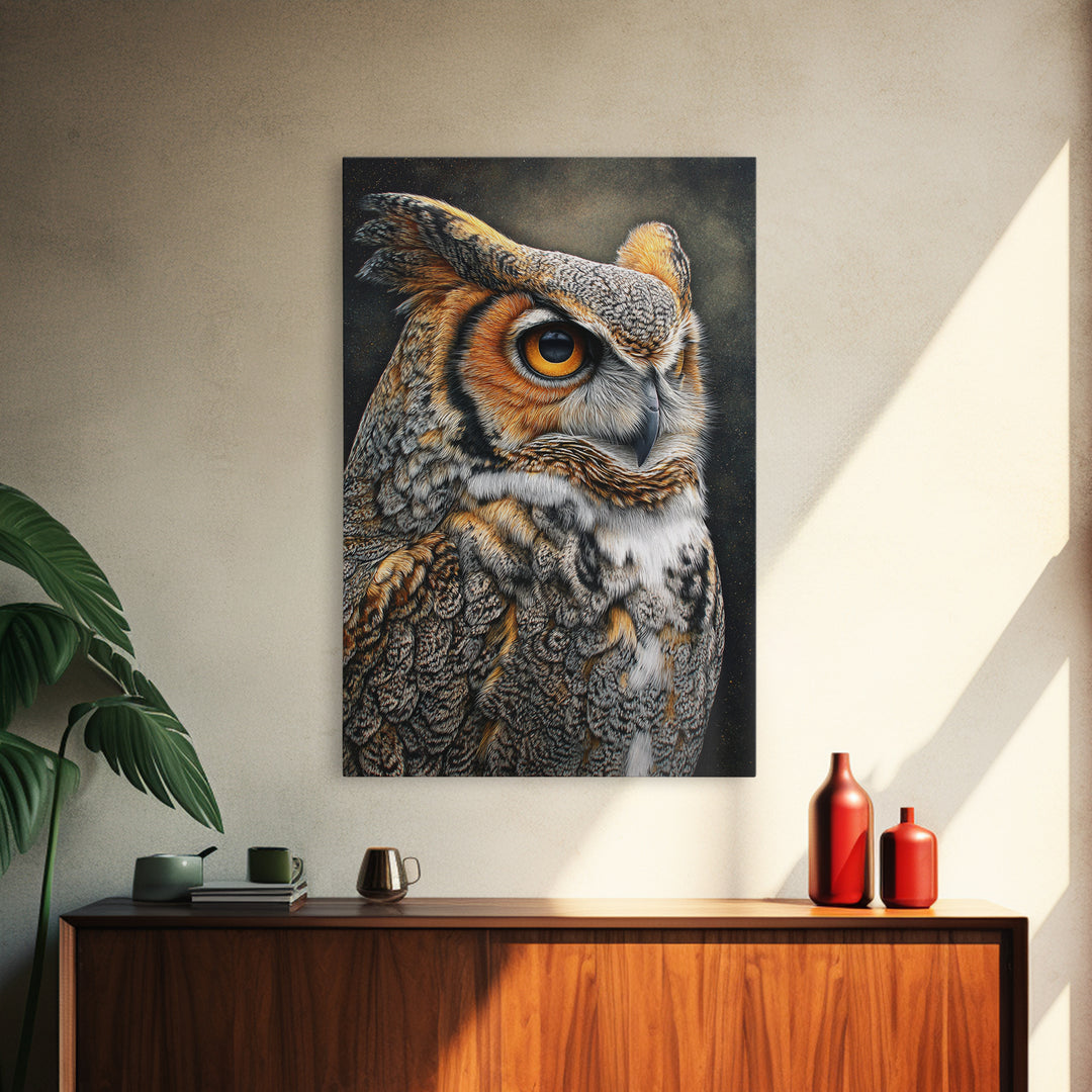 Owl with Moonlit Feathers and Celestial Accents Canvas Print, Animal Art, Art Print, Living Room Decor, Fine Art, Creature, ANI-2x3-23