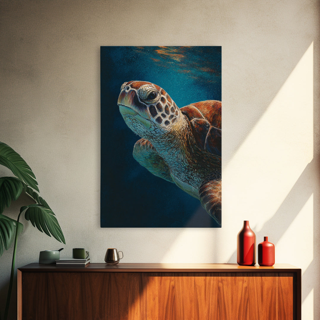 Sea Turtle Drifting Through Luminous Blue Water Framed Canvas Print, Animal Art, Boho Decor, Living Room Decor, Abstract Art, ANI-2x3-26