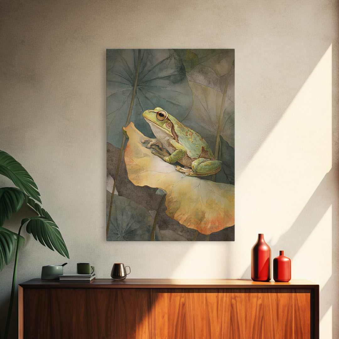 Frog on a Lotus Leaf Framed Canvas Print, Animal Art, Art Deco, Living Room Decor, Oil Painting, Creature, Cat Art, ANI-2x3-28