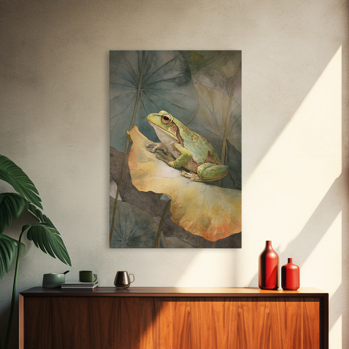 Frog on a Lotus Leaf Framed Canvas Print, Animal Art, Art Deco, Living Room Decor, Oil Painting, Creature, Cat Art, ANI-2x3-28