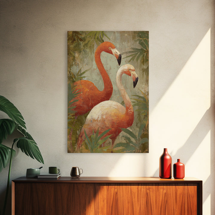 Flamingo Pair in Elegant Coral and Cream Framed Canvas Print, Animal Art, Trendy Wall Art, Living Room Decor, Creature, ANI-2x3-3