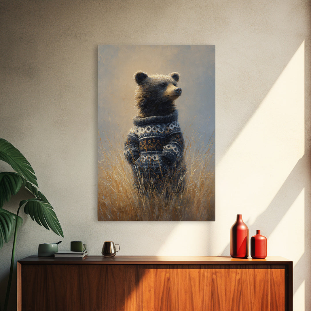 Whimsical Bear in a Patterned Sweater with Framed Canvas Print, Animal Art, Contemporary Art, Living Room Decor, Creature, ANI-2x3-34