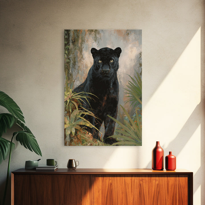 Dramatic Black Panther Emerging from Deep Jungle Framed Canvas Print, Animal Art, Wall Art, Living Room Decor, Creature, ANI-2x3-38