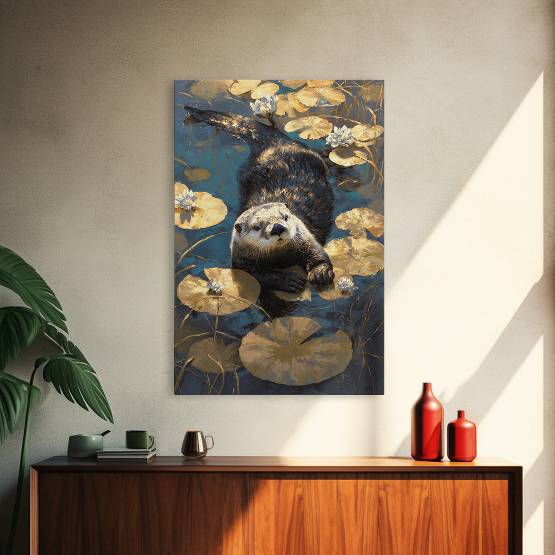 Playful Otter Floating Among Lily Pads Canvas Print, Animal Art, Fine Art Print, Living Room Decor, Fine Art, Creature, ANI-2x3-40