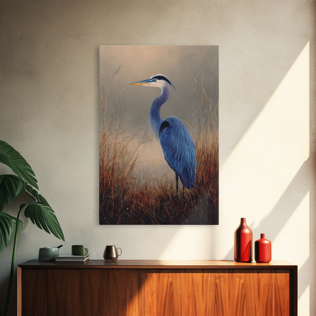 Blue Heron Standing Framed Canvas Print, Animal Art, Contemporary Art, Living Room Decor, Fine Art, Creature, Digital Wall Art, ANI-2x3-43